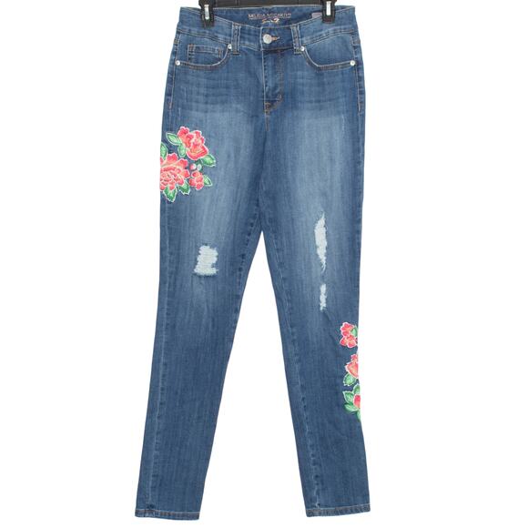 Melissa McCarthy Seven7 Jeans Skinny Slimming Boho Embroidered Floral Blue 8 - Picture 1 of 7